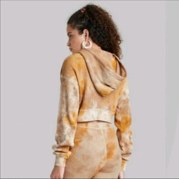 Wild Fable Cropped Hoodie Waffle Knit XS Brown TieDye Oversize Sweatshirt Casual - Picture 7 of 10